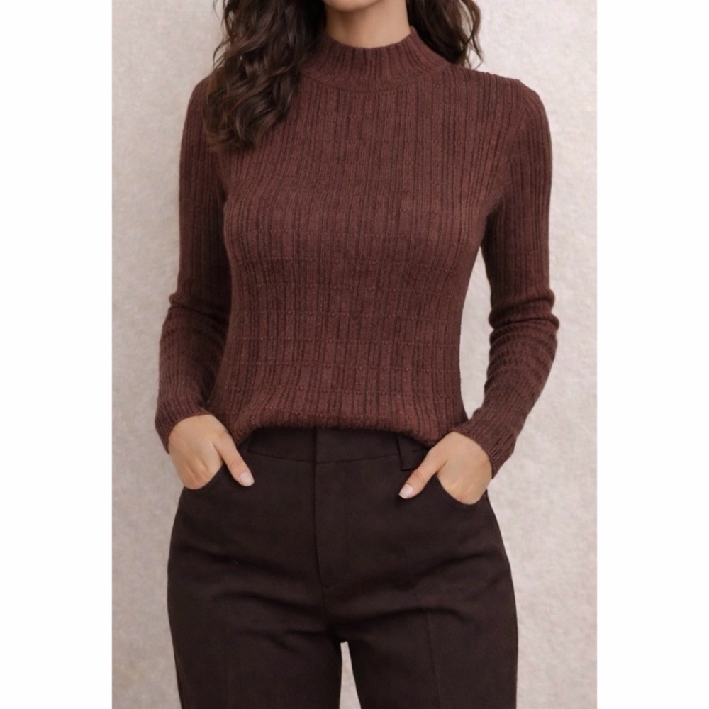 (VTG) PERUVIAN CONNECTION • Brown Ribbed Knit Mock-Neck Sweater, S